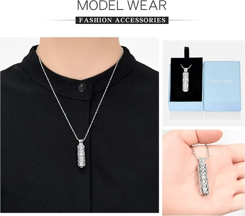 Miniatura 5 de Imrsanl Collar con colgante de urna de cremación con vial de cilindro hueco, urna de recuerdo, joyería de cremación, medallones conmemorativos