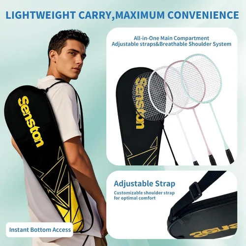 Miniatura 6 de Senston Juego de 4 raquetas de bádminton profesionales, fibra de carbono, 6 volantes, 4 agarres y bolsa para juegos de patio trasero 3.17 oz