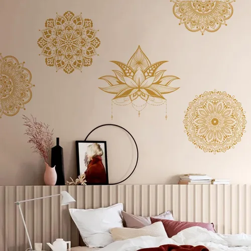Runtoo Calcomanía de pared con diseño de flor de mandala, diseño de loto bohemio dorado para sala de estar, dormitorio, cabecero de yoga, decoración