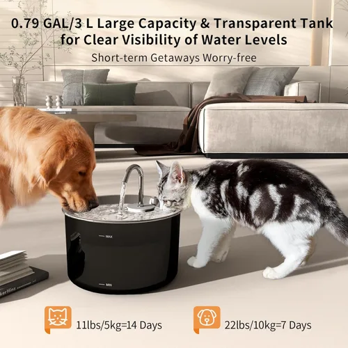 Miniatura 3 de Vividorama Fuente de agua para gatos, tapa de acero inoxidable, fuente de agua para mascotas de 3 L/101 onzas, bebedero para perros con bomba
