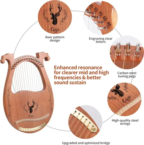 Miniatura 5 de Arpa de Lira, Arpa Acústica de Caoba de 16 Cuerdas con Cuerdas Extras, Púas, Palanca de Afinación, Bolsa de Concierto Negra, Manual