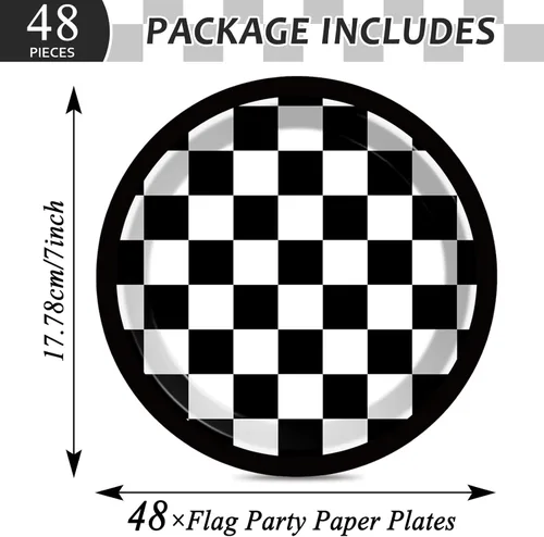 Miniatura 2 de 48 platos de papel de fiesta con bandera a cuadros en blanco y negro para suministros de fiesta de autos de carreras de 7 pulgadas, platos de postre