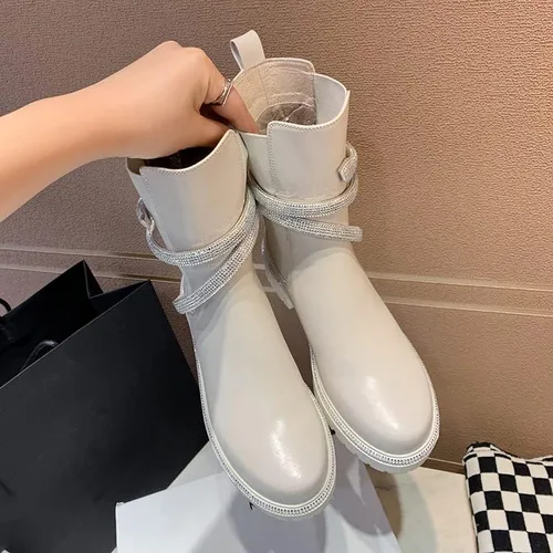 Miniatura 6 de keleimusi Botines de combate Chelsea con adornos de cristal para mujer con lengüetas planas