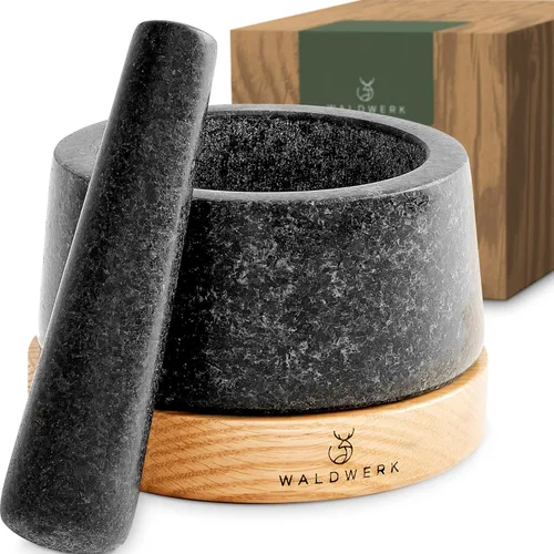 WALDWERK Mortero y Maja - Juego de mortero y maja con base de roble antiarañazos - Mortero con maja extra grande hecha de granito natural - Mortero