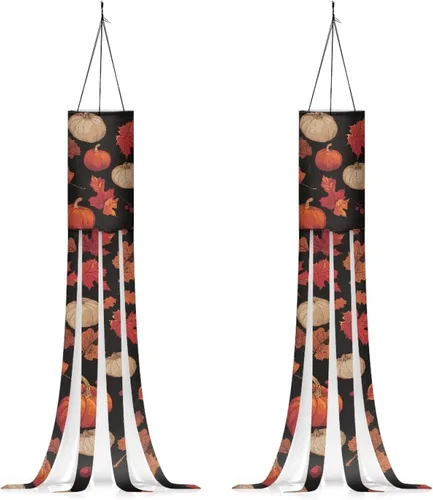 Miniatura 41 de Mumeson 2 piezas de calcetines de viento de otoño de arce de otoño, decoración al aire libre con bandera de cola, decoración colgante para pared