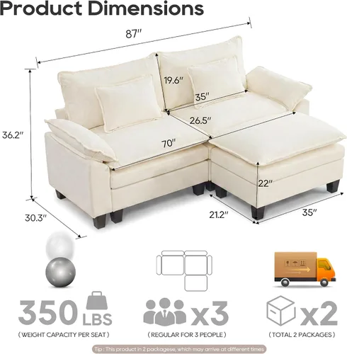 Miniatura 2 de URRED Sofá modular de gran tamaño, 87 pulgadas en forma de L, moderno y cómodo sofá nube con otomana móvil y almohadas, sofás de asiento profundo