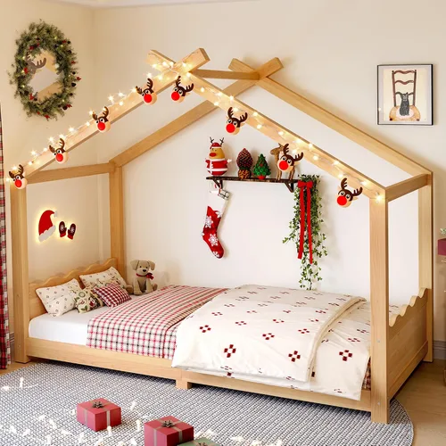 Miniatura 18 de Camas de madera Montessori tamaño individual, cama de plataforma para niños con cabecero y estribo, cama de tienda de campaña, no necesita somier