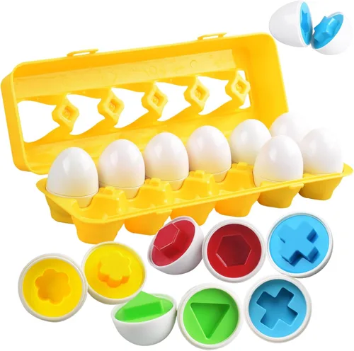 CPSYUB Juguete de huevo a juego, 12 piezas para niños pequeños de 1 a 3 años, reconocimiento de forma y color de huevos de Pascua con cartón,