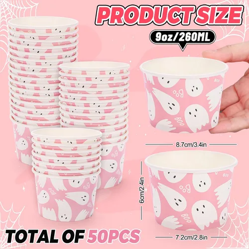 Miniatura 2 de Whaline 50 tazas desechables de fantasma de Halloween, lindos cuencos desechables de 9 onzas, cuencos de papel para postre de helado para dulce