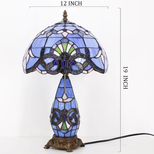 Miniatura 2 de Lámpara de Estilo Tiffany de Vidrio Manchado Azul Barroco de Mesa de 12X19 Pulgadas, Vaso Madre-Hija, Luz de Lectura para Escritorio, Decoración