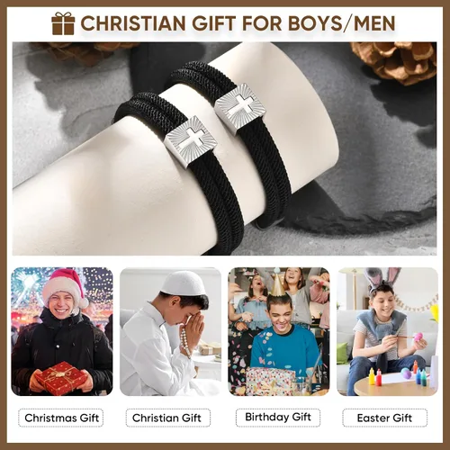Miniatura 4 de MEALGUET Relleno de cesta de Pascua para niños: pulseras ajustables de cruz de fe de cuerda negra para niños de 6, 8, 10, 12, 14, 16 años