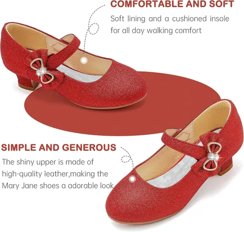 Miniatura 4 de Dufannie Zapatos de vestir para niñas, zapatos de tacón bajo de princesa, zapatos planos con purpurina para bodas y fiestas