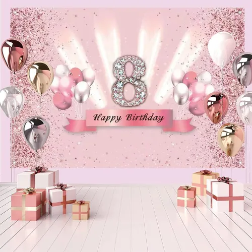 Miniatura 3 de Decoraciones de feliz cumpleaños número 8 para niñas, pancarta de fondo, decoración de fiesta, cartel de tela, fondo de foto rosa para suministros