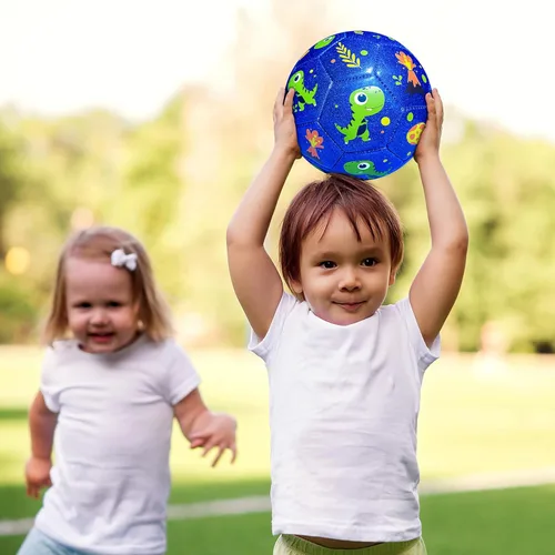 Miniatura 7 de INPODAK Balón de fútbol para niños pequeños, tamaño 3, bola azul de dinosaurio de dibujos animados para niños de 2 a 8 años con bomba, bolsa