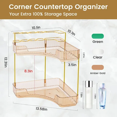 Miniatura 3 de NATURE'S SOURCE Organizador de maquillaje para tocador, organizador de baño de esquina de 2 niveles con soporte para brochas de maquillaje