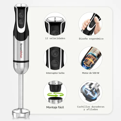 Miniatura 2 de Bonsenkitchen Batidora de inmersión 4 en 1 de mano con procesador de alimentos, batidora de mano de 12 velocidades con modo turbo, hoja de acero