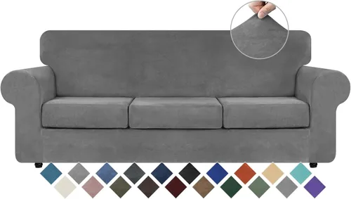 Miniatura 53 de WEERRW 4 Piezas Fundas de Terciopelo de Alta Elasticidad para Sofá de 3 Cojines Fundas de Sofá, Protector de Muebles Lavable con Parte Inferior