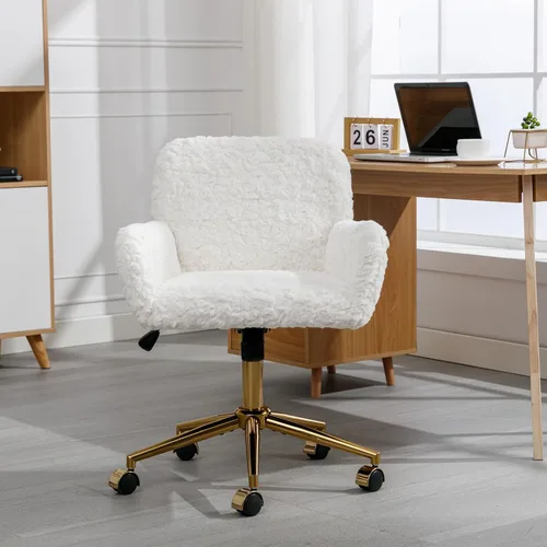 Miniatura 11 de HomVent Bonita silla de oficina peluda, moderna silla de piel sintética negra con ruedas y base dorada, silla giratoria ergonómica ajustable