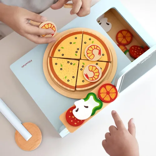 Miniatura 5 de Pillowhale Set de Pizza de Madera – 24 Piezas Juguete de Pizza de Juego Simbólico para Cortar y Servir, Corte con Velcro, Juego de Rol de Cocina