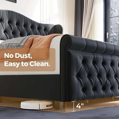 Miniatura 2 de koorlian Base de cama Queen, cama tapizada en terciopelo con cabecero y estribo con alas de voluta, cama moderna de lujo y suave con botones, fácil