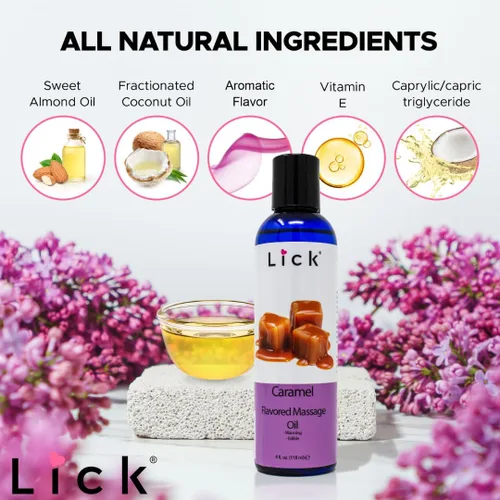 Miniatura 5 de Lick Aceite de masaje con sabor a caramelo, aceite de masaje comestible de postre cálido con vitamina E, textura suave y segura para el cuerpo