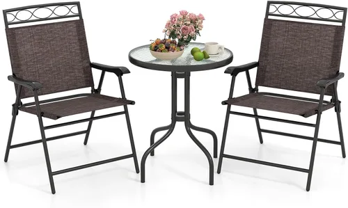 Giantex Juego de comedor de patio con 2 sillas plegables para patio, mesa y sillas para jardín, piscina, patio trasero, mesa de vidrio templado con