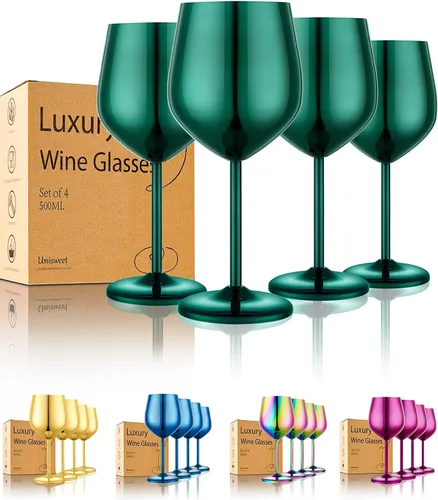 Miniatura 16 de UNISWEET Juego de 4 copas de vino de acero inoxidable irrompibles azules de 18 oz, copas de vino únicas de metal para exteriores, viajes, camping