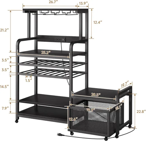 Miniatura 3 de Mini soporte para refrigerador con toma de corriente, soporte para microondas con estante para vino, barra de café con cestas de almacenamiento