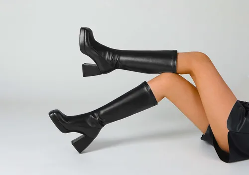 Miniatura 7 de DOBOYG Botas altas hasta la rodilla para mujer, botas de plataforma, tacón grueso de bloque elástico, punta cuadrada, botas altas de charol