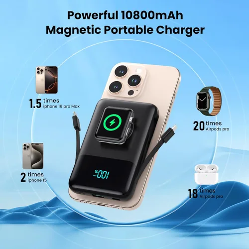 Miniatura 6 de Cargador portátil magnético para iPhone con cable incorporado, banco de energía inalámbrico de 10800mAh para Magsafe, esencial de viaje, paquete