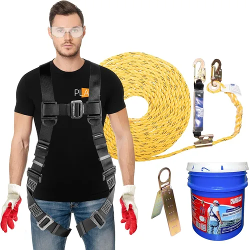 Kit de Protección contra Caídas Palmer Safety para Techo y Cubo I Arnés de Cuerpo Completo, Cuerda Vertical de 15 m y Juego de Ancla I Kit de Arnés
