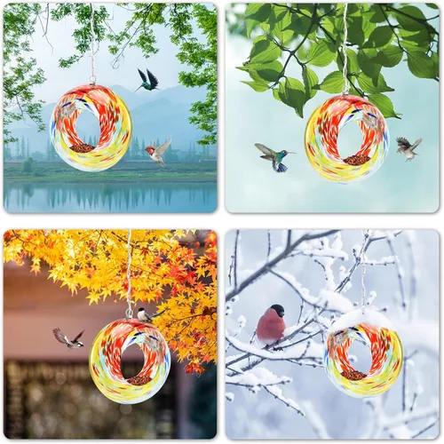 Miniatura 7 de VCUTEKA Comedero solar para pájaros para colgar en el exterior, con recipiente de vidrio de forma redonda para atraer aves silvestres