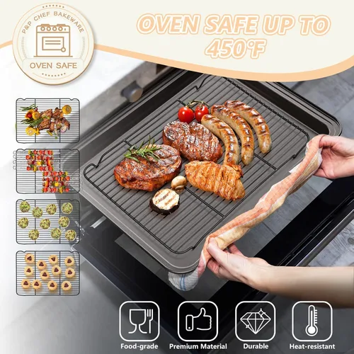 Miniatura 4 de P&P CHEF Paquete de 2 estantes de enfriamiento para hornear, de acero inoxidable, para cocinar, hornear, asar, secar, alambres densos y borde liso