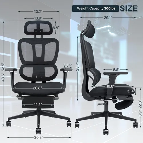 Miniatura 2 de Silla de oficina ergonómica de malla con reposapiés retráctil, silla de computadora de respaldo alto con soporte lumbar, reposabrazos ajustables