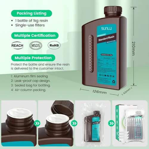 Miniatura 7 de SUNLU Resina para impresora 3D, 1kg de curado rápido, resina estándar 3D para impresoras 3D LCD DLP SLA, curado UV de 395-405nm, resina líquida