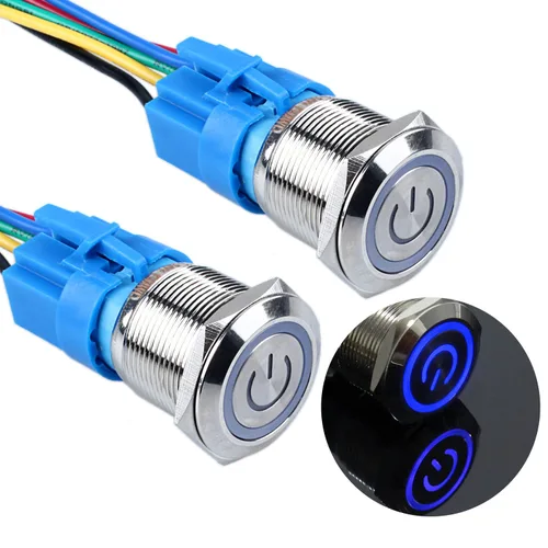Miniatura 18 de 2 piezas de interruptor de botón de metal de cierre de 16 mm, 12V-24V, encendido/apagado, 1NO 1NC, impermeable, autoblocante, carcasa plateada
