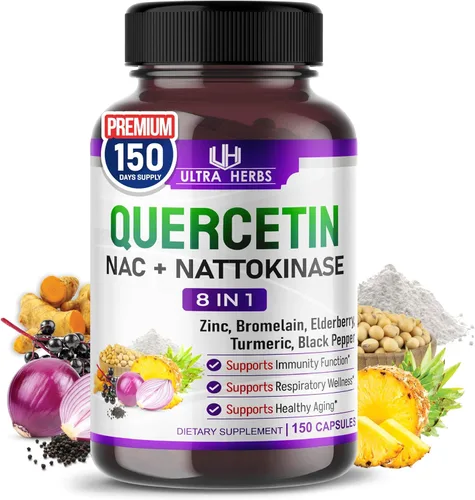 Suplemento de quercetina con bromelina, vitamina C y zinc, nattoquinasa, NAC, saúco, saúco | Complejo ultra antioxidante 8 en 1 para la salud inmune