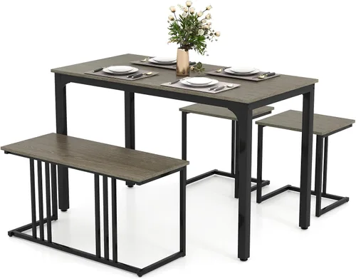 Miniatura 10 de Giantex Juego de mesa de comedor de 4 piezas para 4, mesa y sillas de cocina modernas, juego de muebles anidables con banco y 2 taburetes, juego