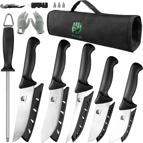 FULLHI - Juego de 13 cuchillos de chef/carnicero, acero de alto carbono forjado a mano con bolsa para cocina, campamento, barbacoa (negro, 11 piezas)