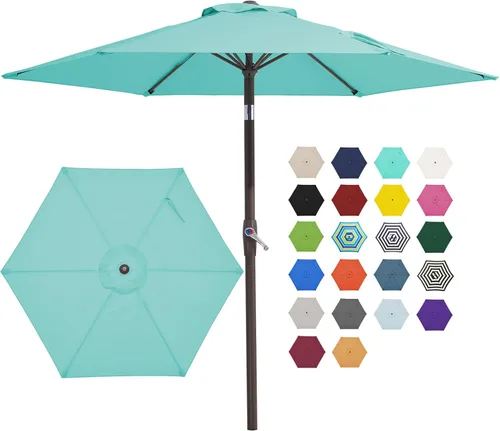 Miniatura 22 de JEAREY Sombrilla de patio de 7.5 pies con 6 varillas resistentes, botón de inclinación/manivela, sombrilla de mesa para jardín, terraza, patio Azul