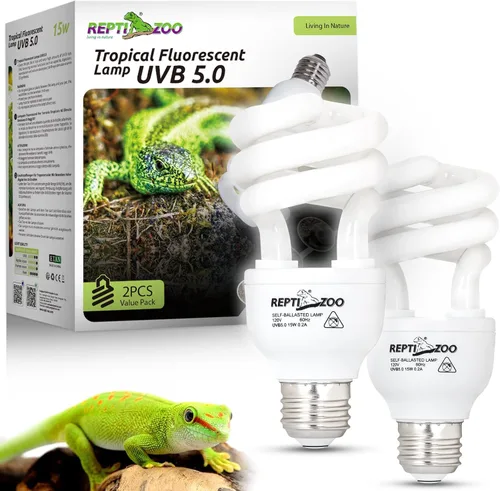 REPTI ZOO Luz UVB para reptiles tropicales, paquete de 2 bombillas de reptil UVA UVB 5.0 15 W, lámpara UVB para crestado, Gecko, leopardo, gecko,