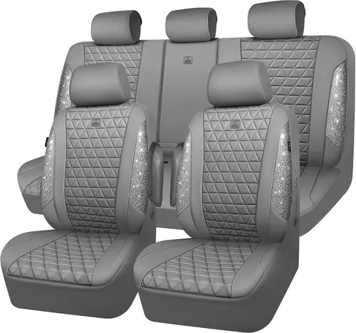 Miniatura 26 de CAR PASS Fundas de asiento de automóvil de cuero con diamantes brillantes, juego de asientos interiores de asientos completos, impermeable, Plateado