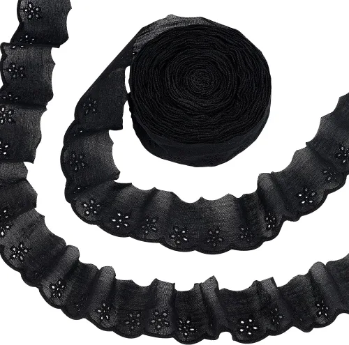 FINGERINSPIRE Cinta de encaje de algodón de 15 yardas, 1-5/8 pulgadas, color negro, con ojales, bordado floral, ribete de encaje, borde ondulado,