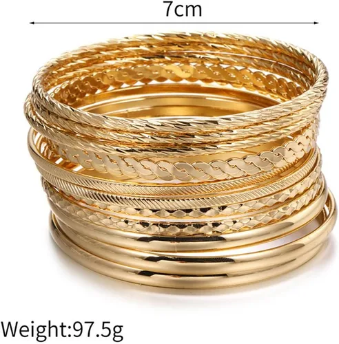 Miniatura 7 de Juego de 16 pulseras de oro para mujer, pulseras texturizadas apilables de varias capas, juego de joyas bohemias.