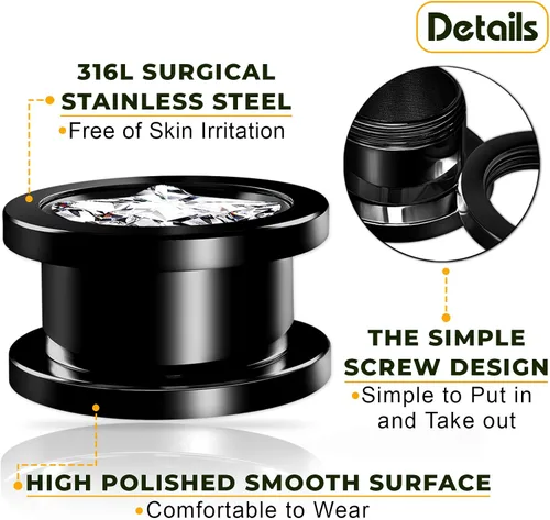 Miniatura 3 de Big GAUGES - Par de tornillos de cristal anodizado negro transparente para joyería