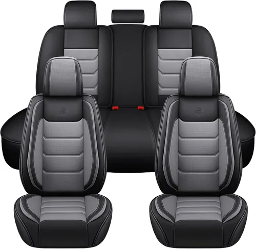 Miniatura 8 de Juego completo de fundas de asiento de automóvil de piel sintética de cobertura completa, fundas de asiento para automóviles, SUV, camionetas, Negro