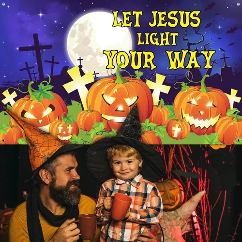 Miniatura 7 de WovWeave Pancarta de fondo de calabaza cristiana de Halloween, decoración religiosa para tronco o golosinas, 72.8 x 43.3 pulgadas, deja que Jesús