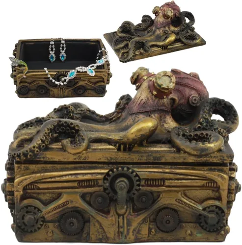 Ebros - Joyero decorativo de bronce sintético, pulpo steampunk en el cofre del tesoro pirata, estatua de guerrero de pie Kraken