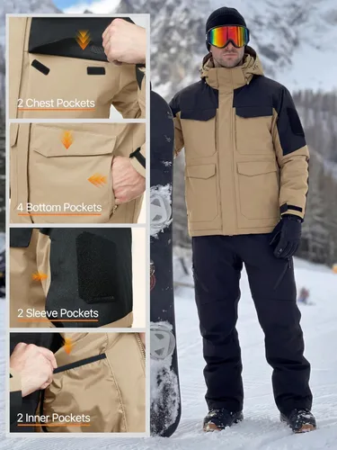 Miniatura 7 de FREE SOLDIER Chaqueta de esquí impermeable para hombre, abrigo cálido de invierno para nieve, snowboard con múltiples bolsillos, capucha desmontable