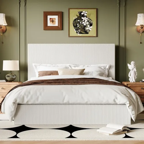Miniatura 11 de Allewie Base de cama matrimonial, cama tapizada, cabecera capitoné de canal vertical ajustable, tela de pana, perfil bajo moderno, listones